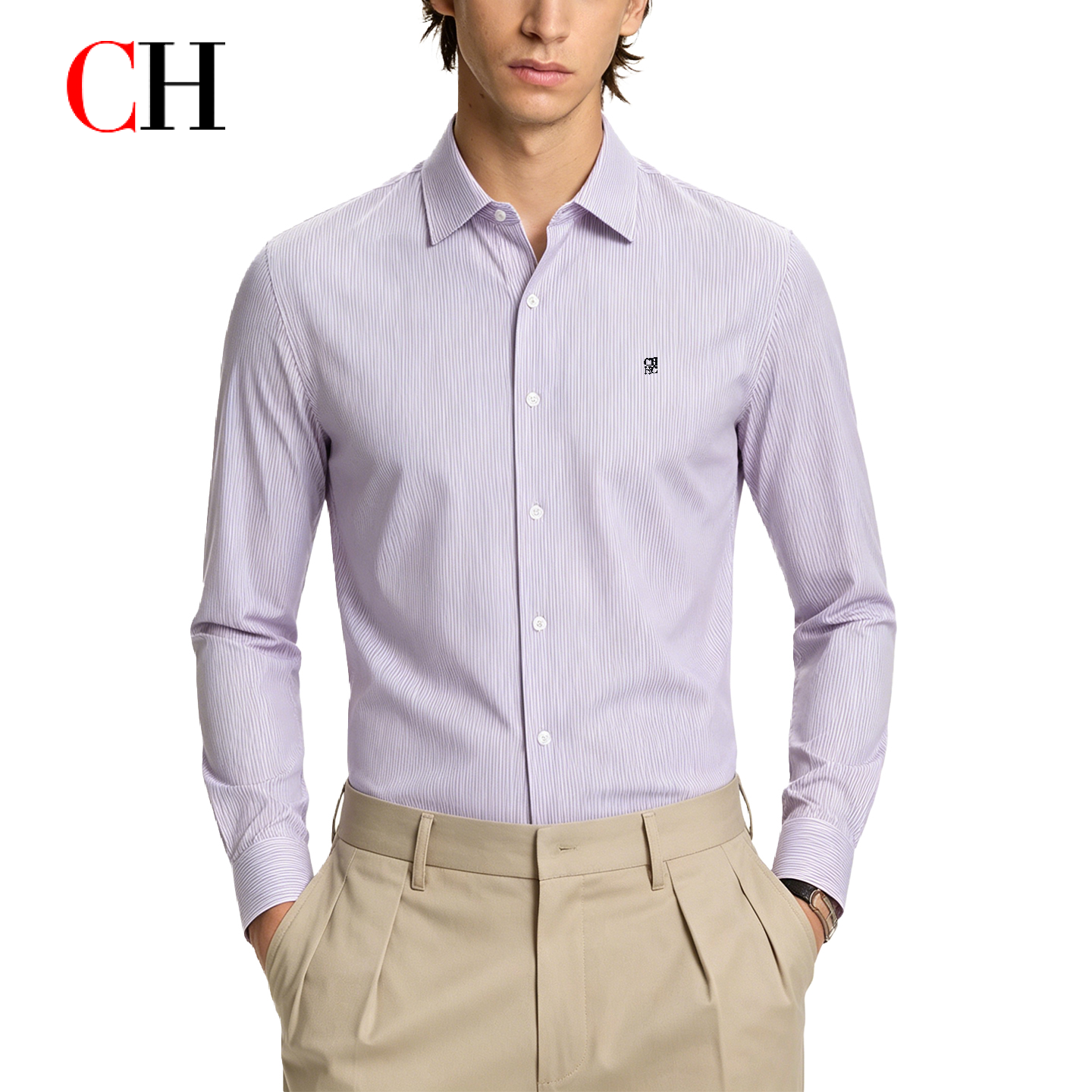 Chemise à manches longues pour homme CH - Style business décontracté - Avec logo de marque brodé - Convient pour le port quotidien au bureau