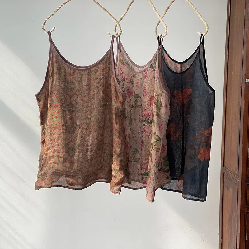 Camisole en fibre de ramie imprimée de style coréen pour femmes, bretelles spaghetti, col en V glacé, précieux, doux, décontracté, nouveau, 2024