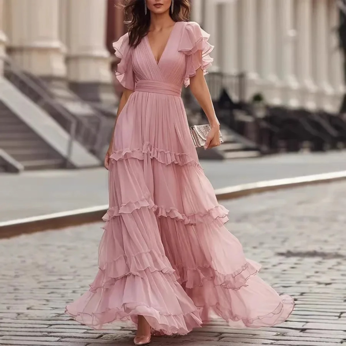 Robe longue en mousseline pour femme, col en V profond, manches courtes à volants, ourlet à volants, fluide et élégante, pour invitées de mariage, soirées et fêtes