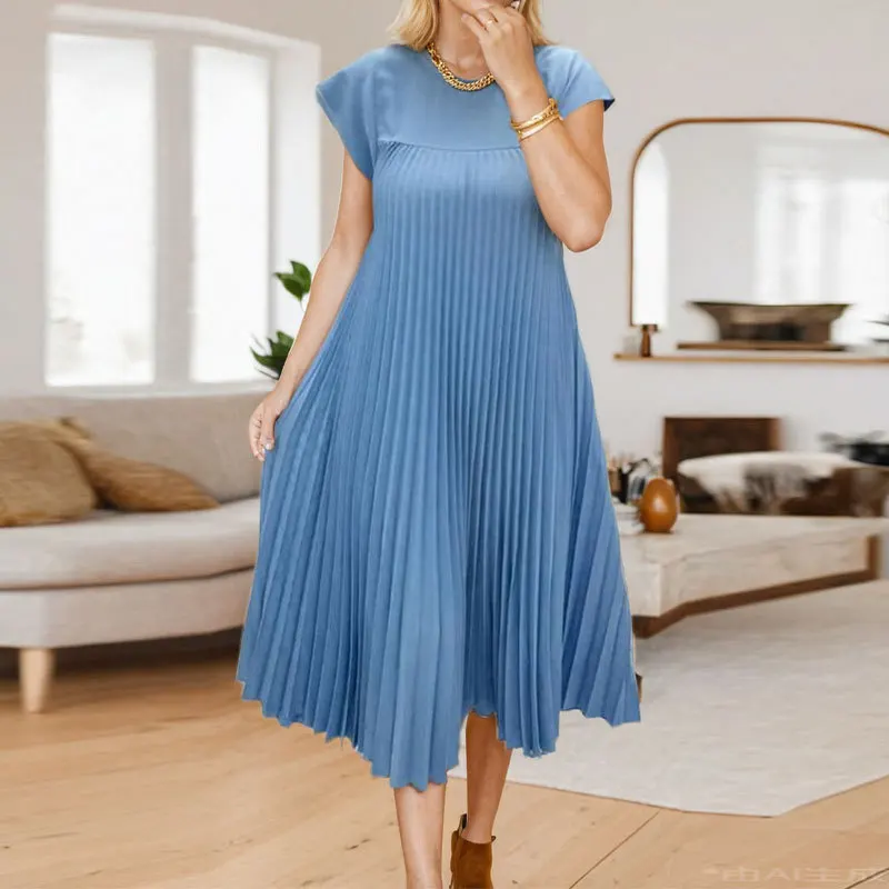 Robe sans manches pour femmes, robe longue décontractée plissée mi-longue de couleur unie à col rond et coupe ample pour les trajets quotidiens