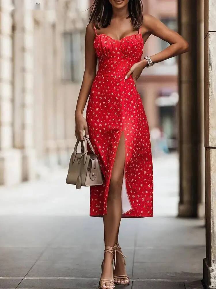 Nouvelle Robe Midi Sexy d'Été pour Femme, Imprimé Floral Blanc, Dos Nu, Décontractée, Fendue, Sans Manches, Style Plage TND8