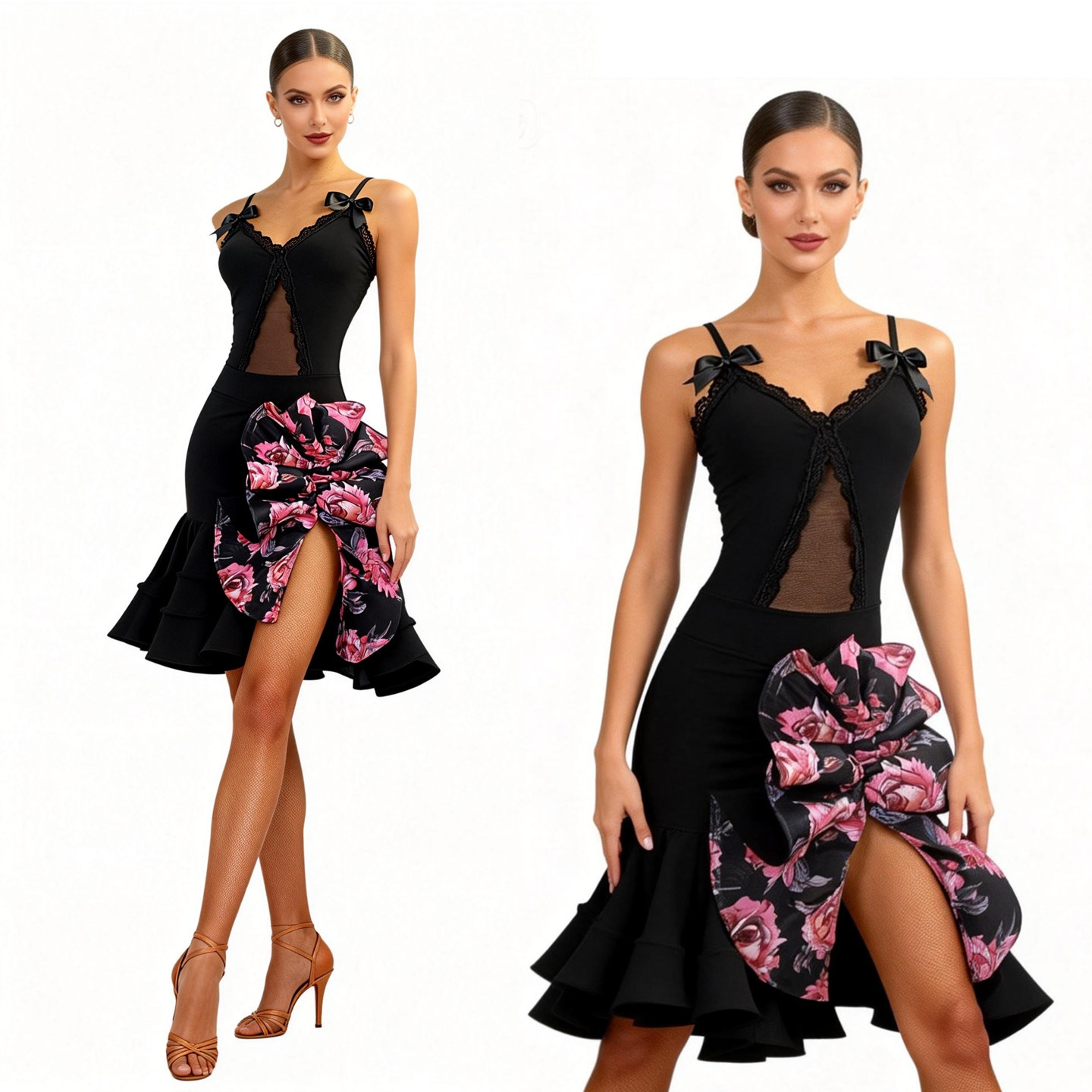 Costumes de danse latine 2026 pour femmes, hauts en dentelle avec nœud, jupe fendue à fleurs, vêtements de performance Cha Cha Rumba, robe noire NV26216