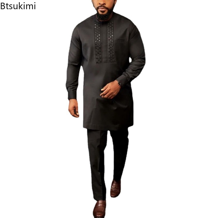 Ensemble caftan musulman pour hommes, chemise à manches longues + pantalon de Style ethnique africain, ensemble deux pièces, vêtements traditionnels pour hommes, nouvelle collection 2026