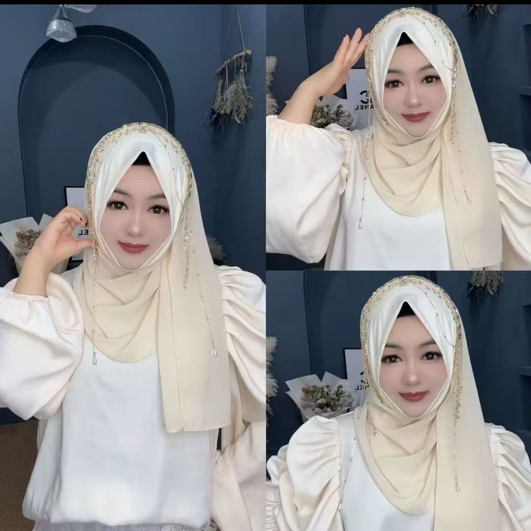 Hijabs pour femmes musulmanes bleus et roses avec perles et pompons, foulard de Ramadan, élégant pour les soirées, style malaisien, foulard Kufi islamique, été