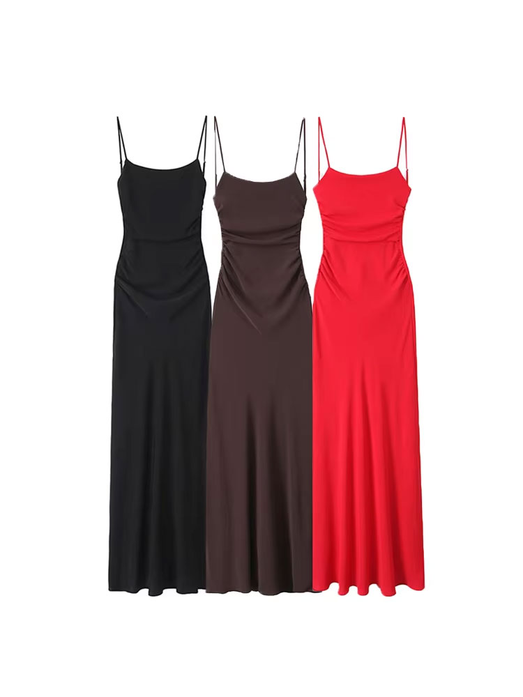 Robe mi-longue drapée pour femmes, col droit, bretelles fines, robes féminines dos nu, mode Chic