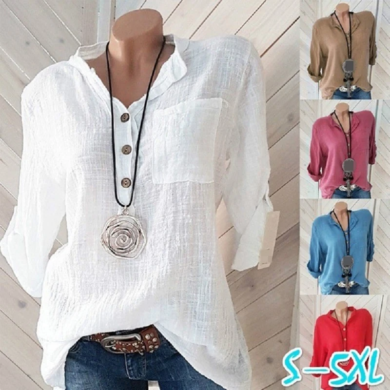 Chemisier en coton et lin pour femmes, chemises d'automne décontractées à manches longues, col en V, chemise ample, hauts pour dames, T-Shirts sur mesure