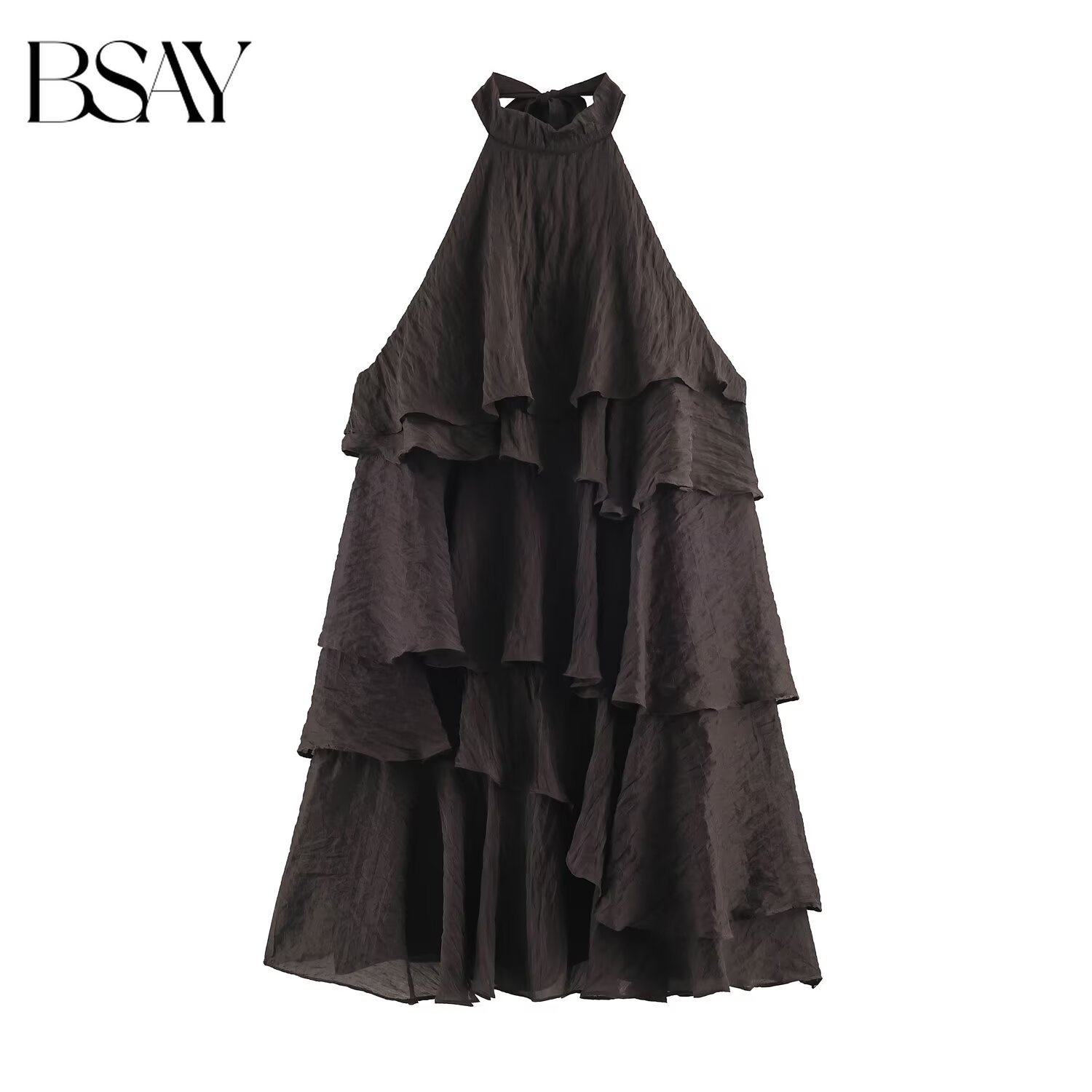 Robe sans manches à col suspendu pour femmes BSAY, avec plusieurs couches et bords à volants, robe de plage fluide, robe décontractée d'été pour les vacances