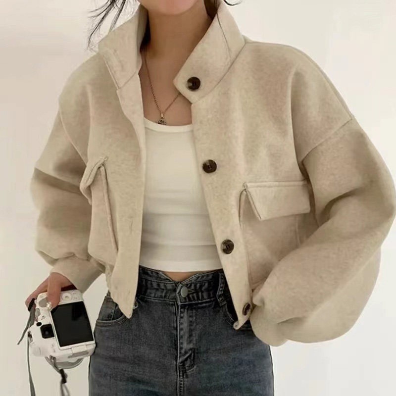 Manteau court en laine coréen pour femme, col montant, simple boutonnage, coupe ample, décontracté, minimaliste, veste élégante