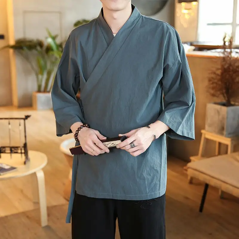 Kimono japonais solide pour hommes, Streetwear japonais, chemise, chemisier, vêtements coréens, Cardigan 5XL, été