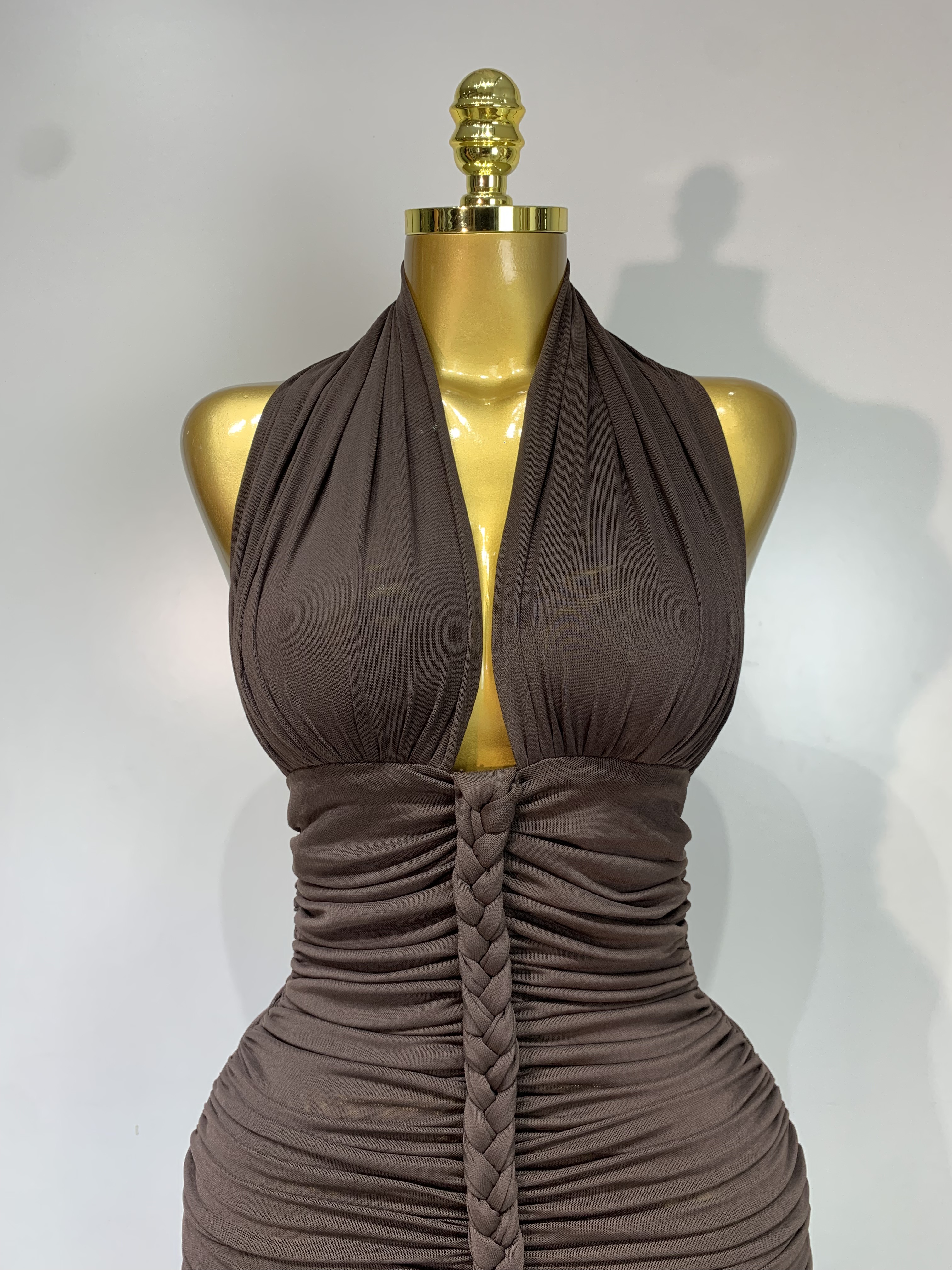 Robe longue marron sexy pour femme, dos nu, froncée, élégante, de soirée, de luxe, pour célébrités, anniversaire, boîte de nuit, cocktail, bal de promo