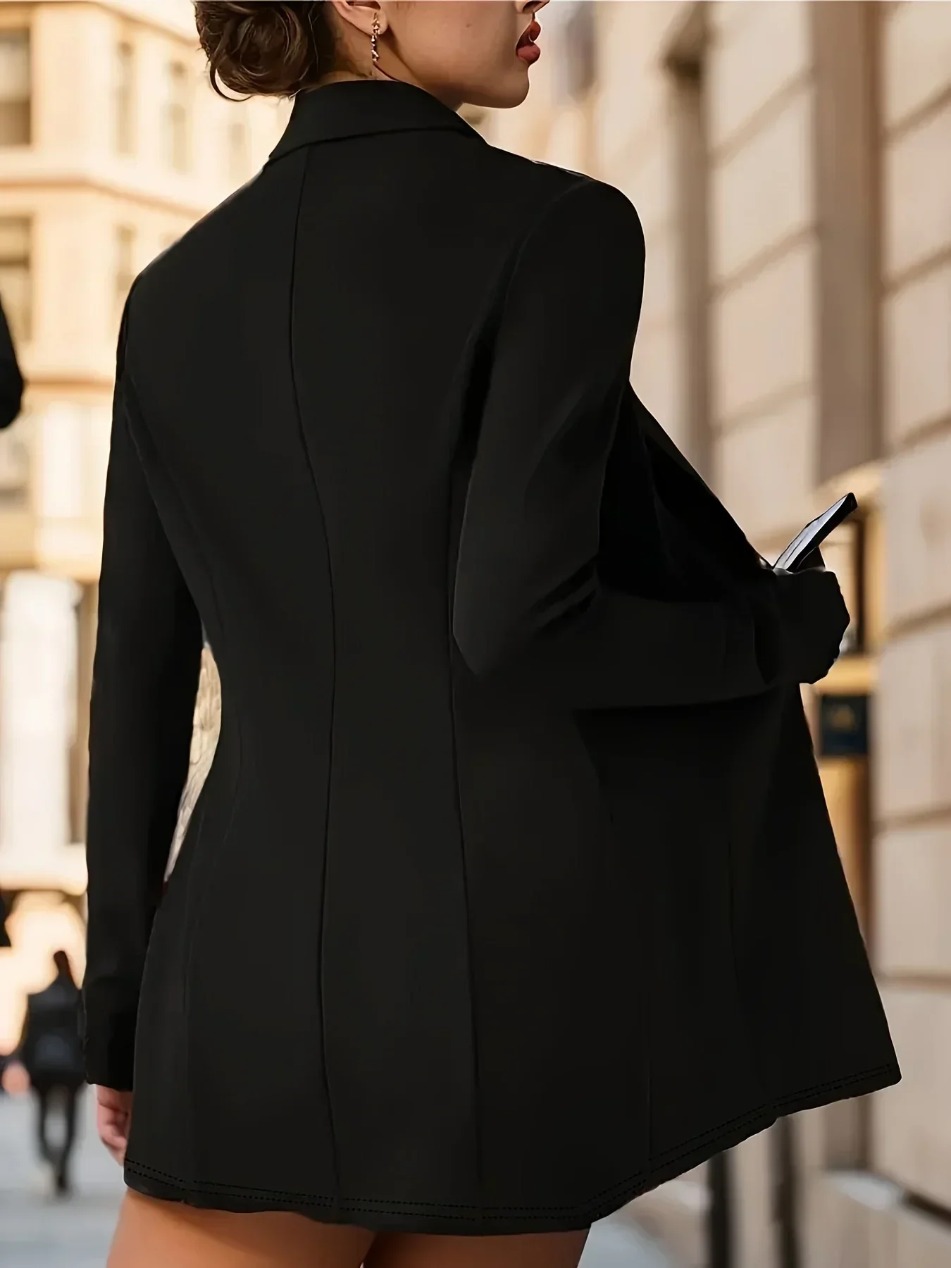 Blazer long et élégant pour femme grande taille, coupe ajustée, couleur unie, manches longues