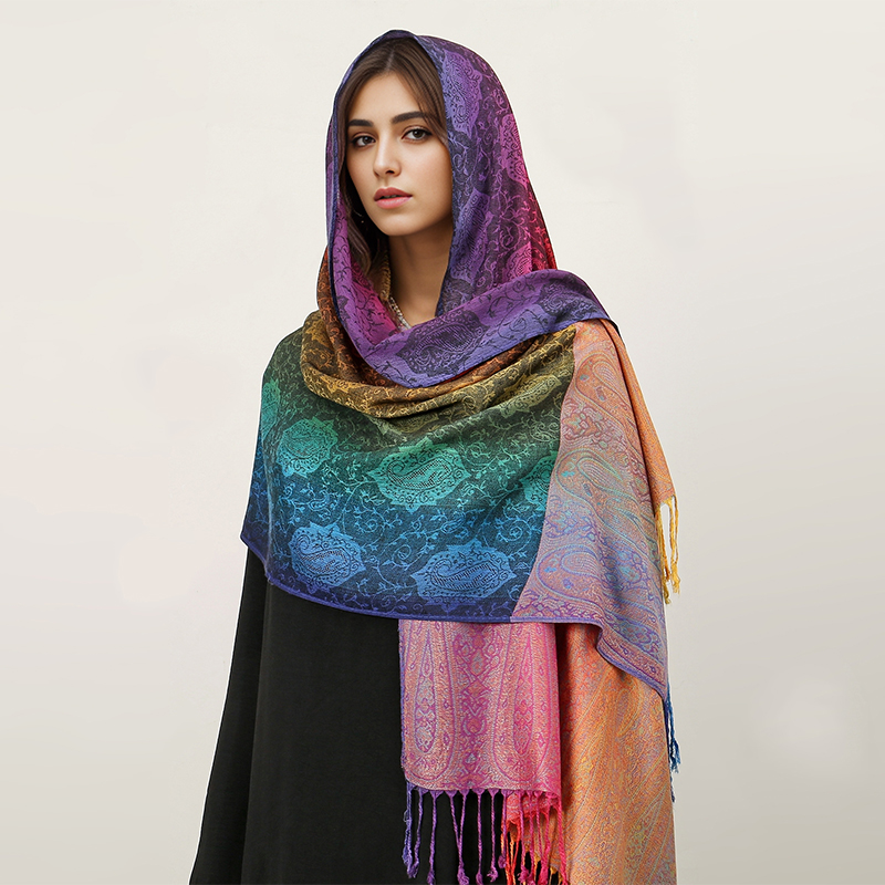 Couleurs arc-en-ciel hiver chaud épais Style ethnique Jacquard écharpe femmes voyage musulman Hijab cachemire gland châle enveloppement Pashmina