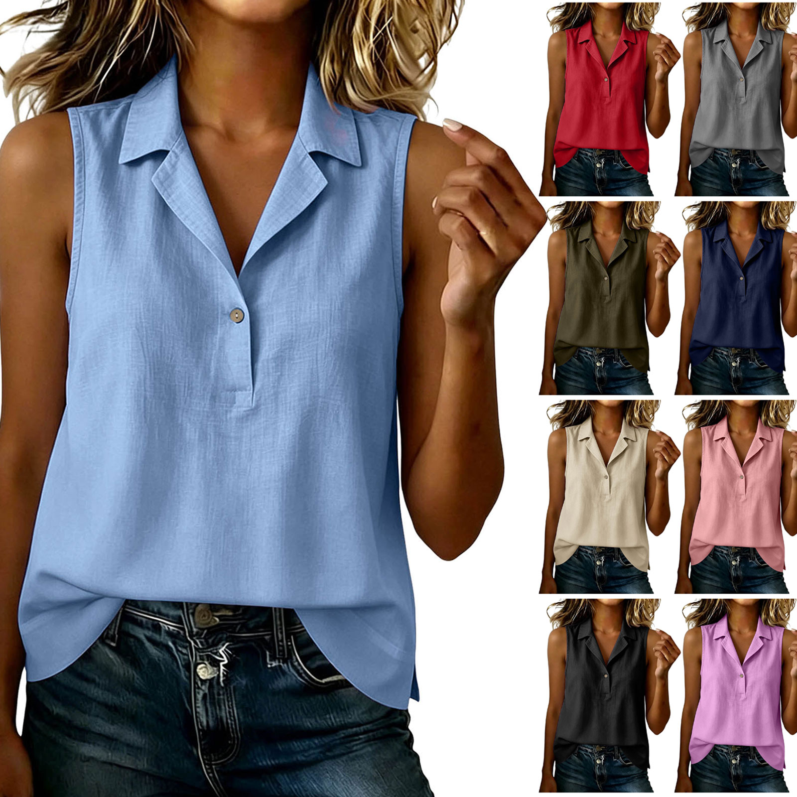 Débardeur Femme en Coton et Lin à Volants, Col U, Boutonné, Coupe Ample, Sans Manches, Style Décontracté, Col Montant, Idéal pour l'Été