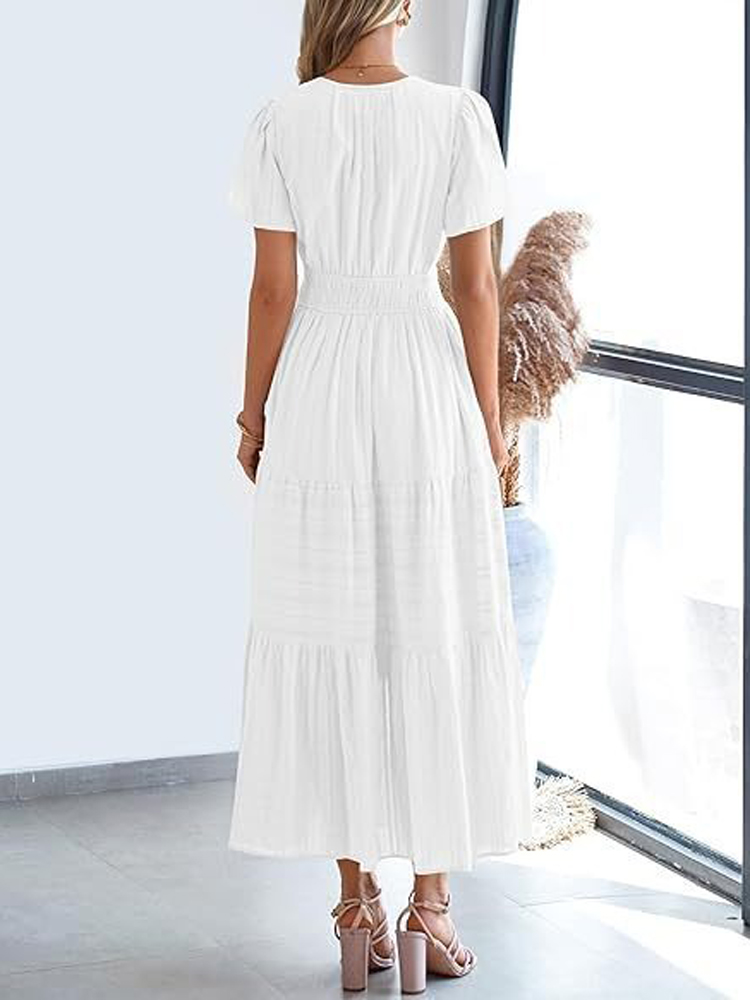 Robe longue bohème pour femme, col en V, manches bouffantes plissées, patchwork, robes de soirée mi-longues plissées XRFZC-RX9938