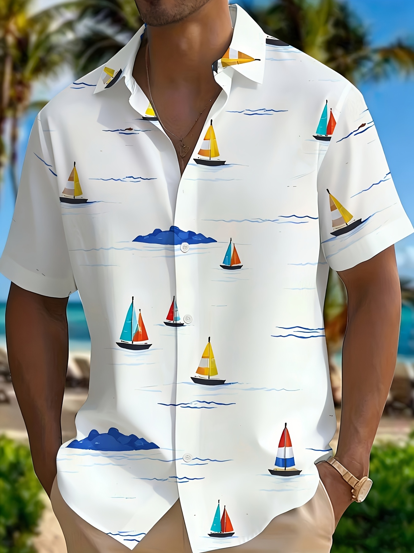 Chemise à manches courtes pour homme, imprimé voilier coloré, vagues océaniques, île, style hawaïen, vacances à la plage