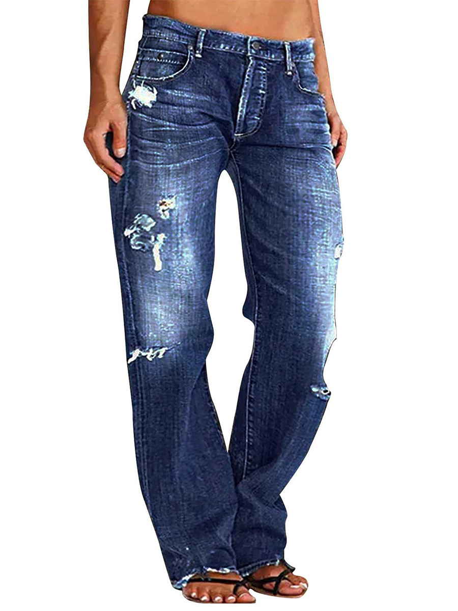 Femmes hommes Denim pantalon décontracté déchiré ample jambe droite jean pantalon bas à la mode pour Streetwear