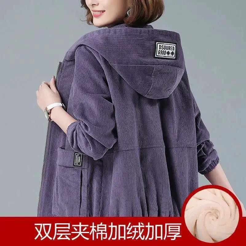 Manteau en velours côtelé pour femme 2026 – Nouvelle collection printemps-automne-hiver – Veste décontractée ample grande taille pour femme d'âge mûr