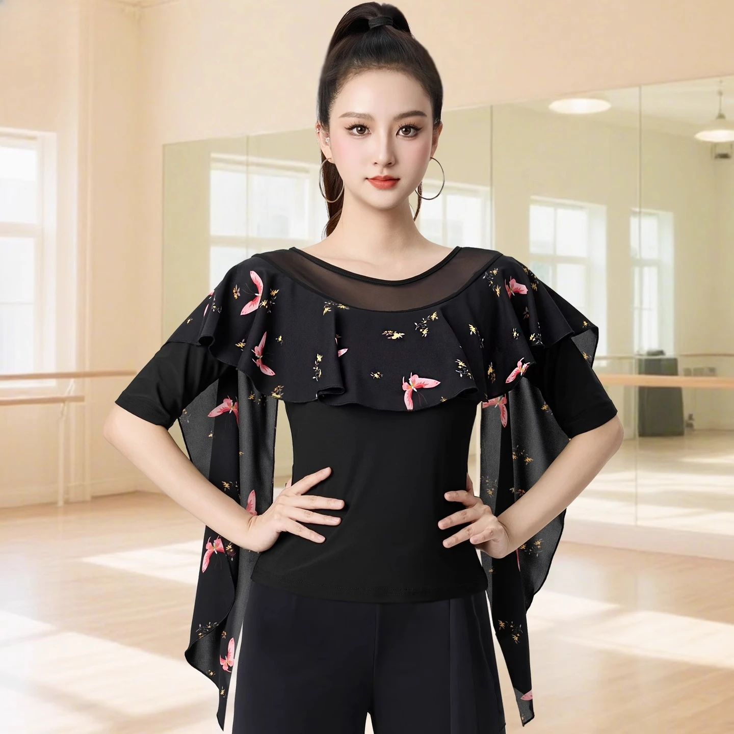 Vêtements de danse pour femmes, hauts d'été imprimés, ligne latine, Costume de danse, nouveaux produits, danse de salle de bal, vêtements d'entraînement pour femmes, noir