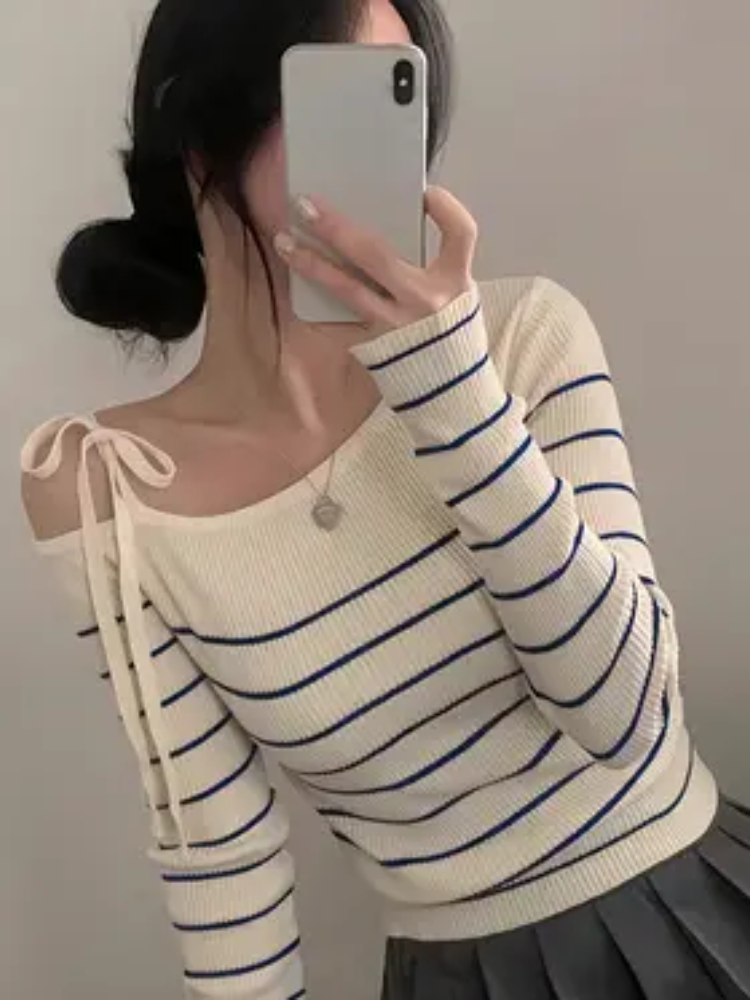 T-Shirt élégant à épaules dénudées pour femme, pull à rayures noires et blanches avec lacets réglables, haut Chic et décontracté, nouvelle collection automne hiver 2026
