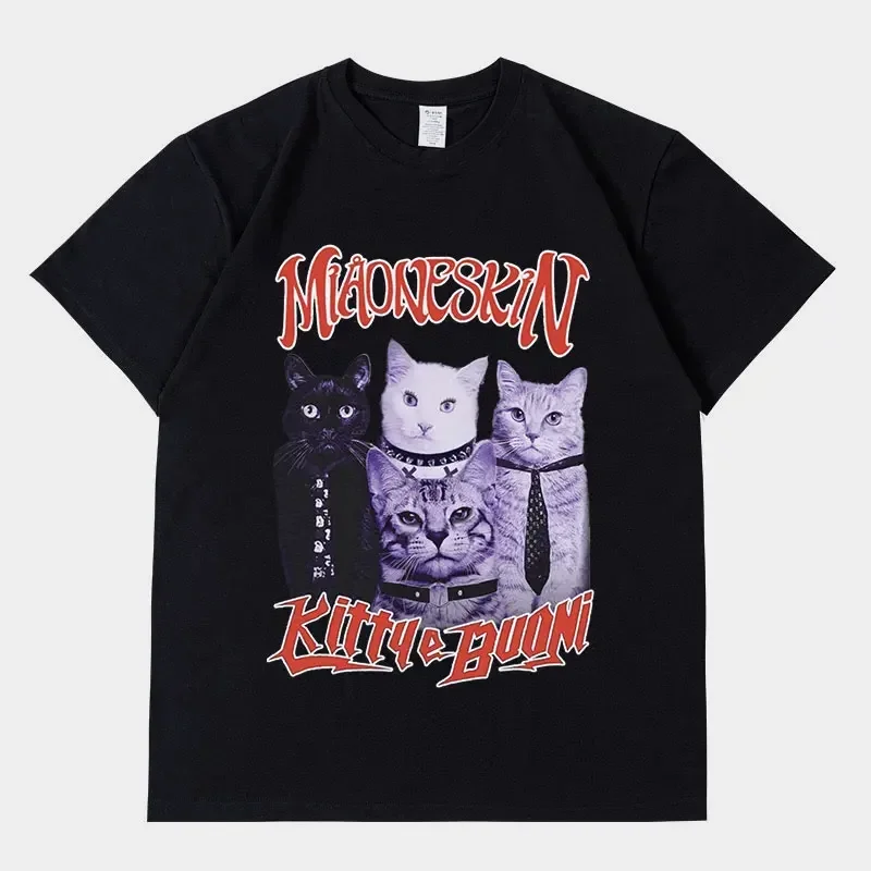 T-shirt graphique de chat de maneskin de groupe de rock pour hommes et femmes, hip hop vintage, coton surdimensionné, Harajuku, esthétique, streetwear