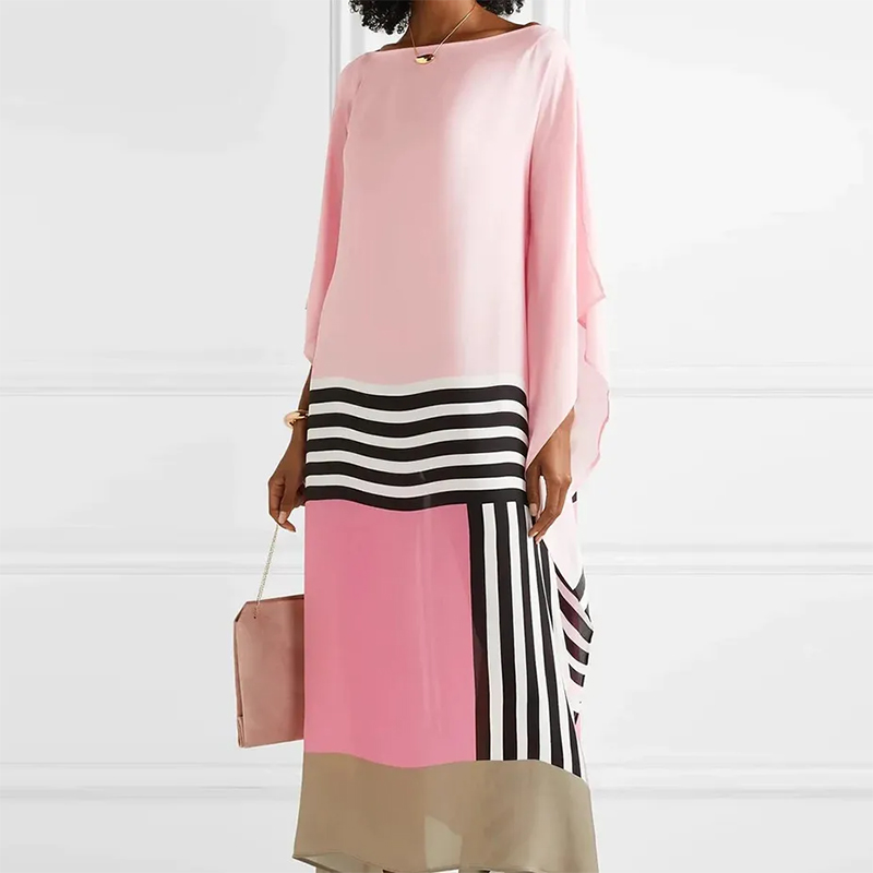 Robe longue irrégulière à col rond pour femmes, manches chauve-souris, robe maxi Boho, patchwork, imprimé rayures bonbons, caftan, printemps, été