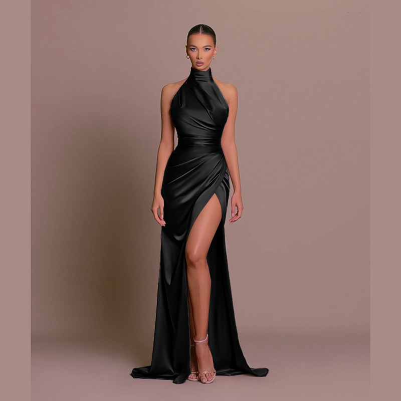 Robes longues élégantes pour femmes, robes de soirée pour femmes, col montant, col frontal, fente couvertes sexy