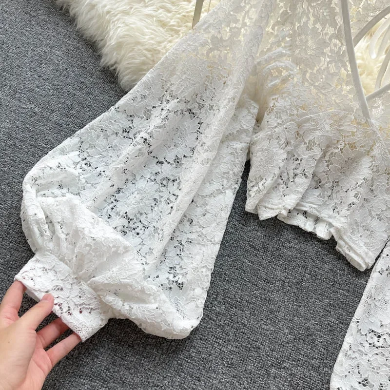 Frenchic-Chemisier en dentelle au crochet pour femme, col en Y transparent, manches lanterne, dos nu, à lacets, chemisier élégant pour femme, livraison directe, sexy