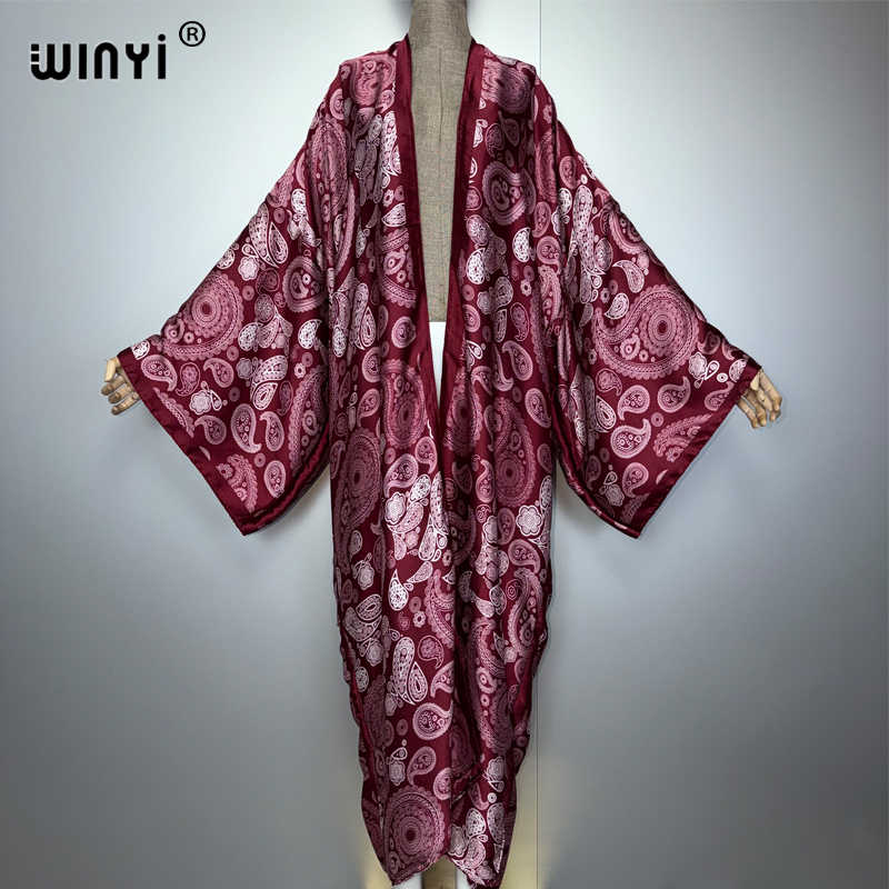 WINYI Kimono Abaya pour femmes africaines, Cardigan musulman pour femme, Kaftan classique à imprimé cachemire, Robe bohème décontractée pour la plage