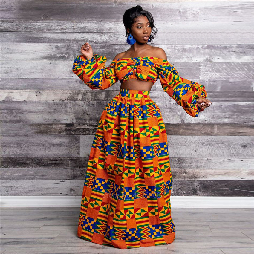 Ensemble 2 pièces imprimé national africain pour femme : Haut sexy à col bateau et manches longues + Jupe longue fendue – Tenue décontractée d'été