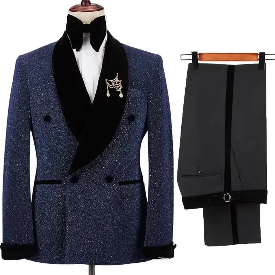 Costumes 2 pièces pour hommes, veste brillante avec pantalon noir, col châle en velours, smokings de marié de mariage, olympiques habnommée à double boutonnage