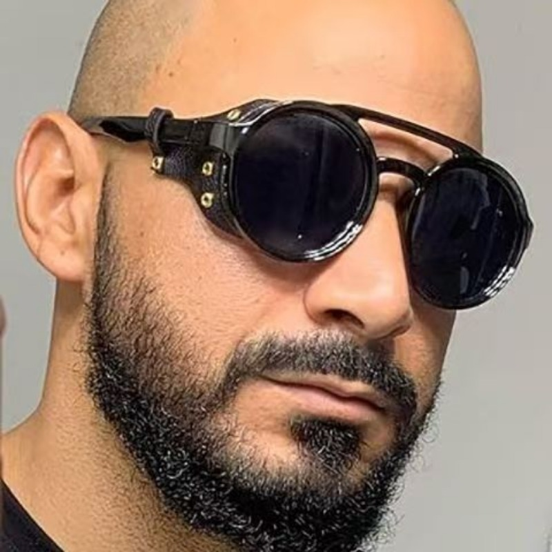 Lunettes de soleil steampunk pour voyages d'été, hommes et femmes, lunettes de soleil classiques avec monture ronde en cuir latérale, verres punk UV400