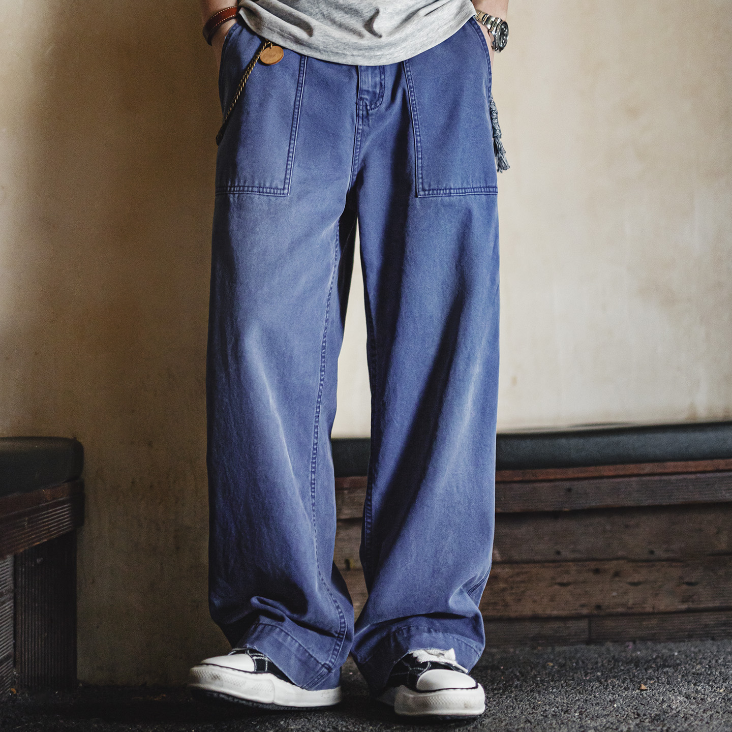 Maden – jean vintage en denim délavé pour hommes, pantalon de travail en toile de coton bleu avec fermeture éclair, coupe ample, pantalon décontracté pour le printemps et l'automne