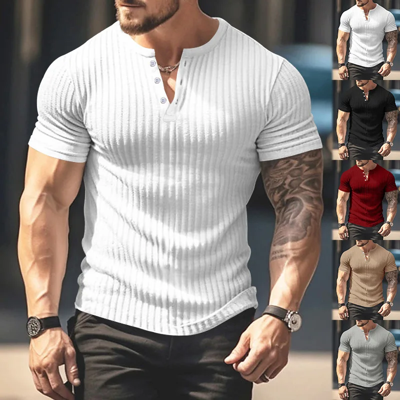 Mode Europe et états-unis couleur unie nouvel été à manches courtes commerce extérieur Henry chemise décontracté tricoté T-shirt