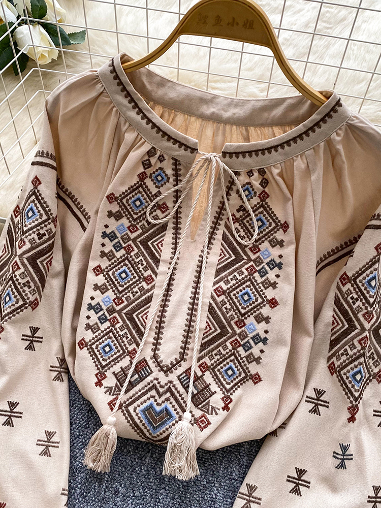 Femmes automne Blouse ample artistique rétro industrie lourde broderie nœud col rond lanterne manches chemise décontracté polyvalent haut BL270