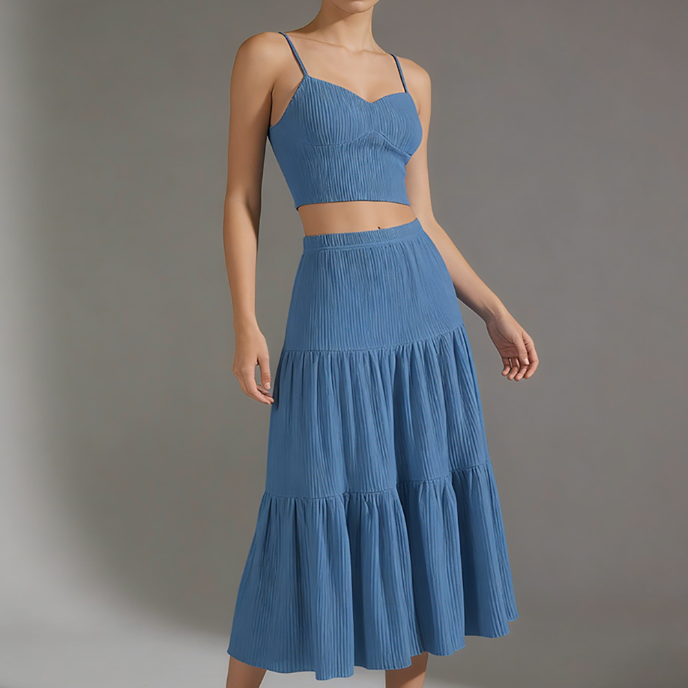 Ensemble décontracté d'été pour femme : caraco sans manches et jupe fluide – Tenue de plage légère et confortable en deux pièces