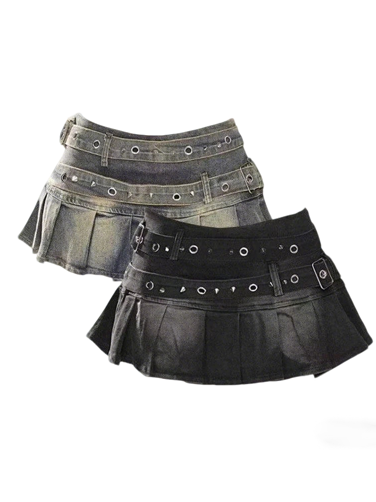 Jupe en jean pour femme avec ceinture cloutée, mini-jupe plissée taille basse, bleu noir, style Alt Girls Y2K Punk années 90