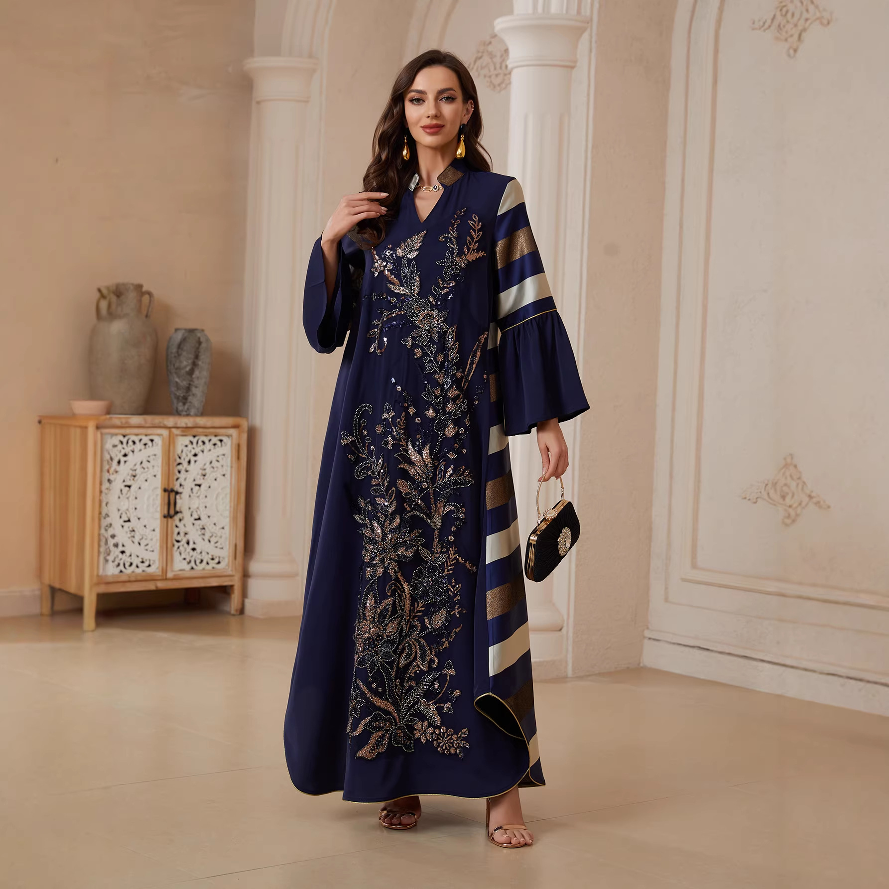 Robe longue Abaya Jalabiya pour femmes musulmanes, tenue de fête Eid, Kaftan Dubaï, Ramadan, avec sequins et patchwork, style arabe, Vestidos 2026