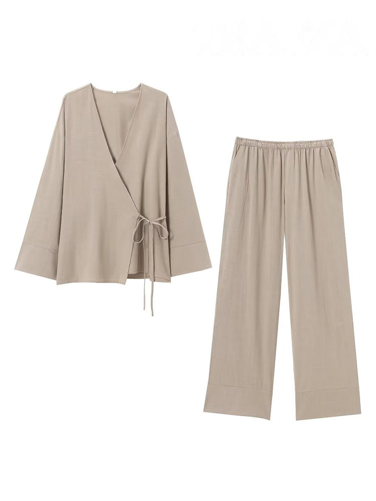 HH – ensemble 2 pièces pour femmes, Style Kimono, col en v, asymétrique, à lacets, chemisier ample et décontracté, haut + poche latérale, taille élastique, pantalon à jambes larges