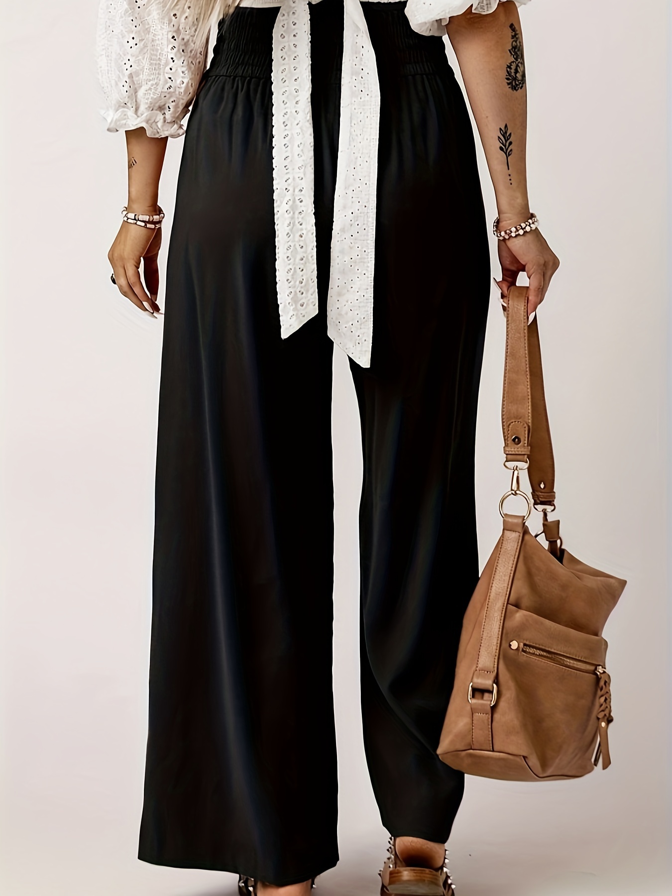 Pantalon à jambes larges pour femme, grande taille, mode décontractée, élégant, bureau, dame, monochrome, taille haute, fjadt