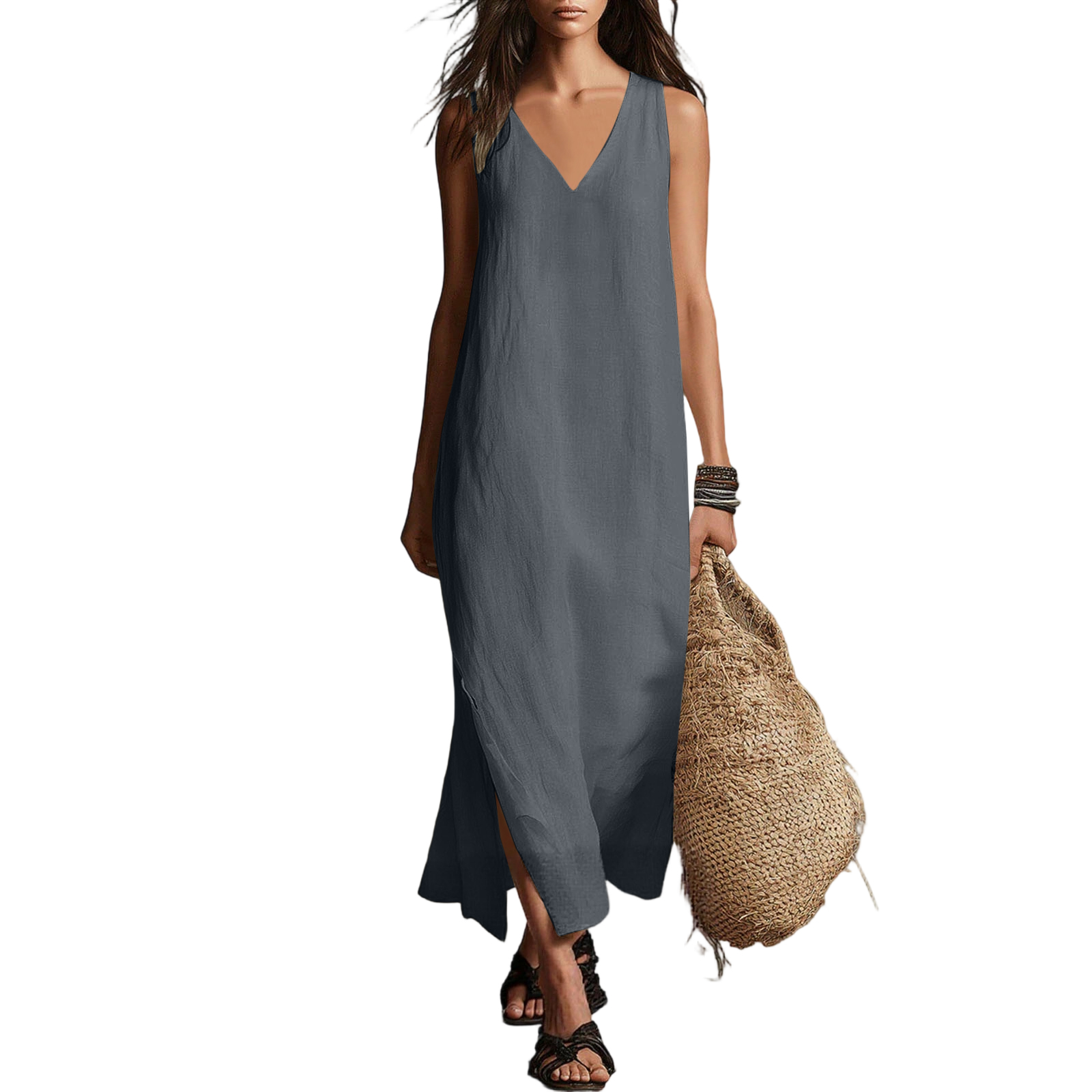 Nouvelle Robe Longue en Coton et Lin pour Femme, Col en V, Sans Manches, Légère, Robe de Plage, Robe Maxi Fendue, Robe Débardeur Unie pour l'Été