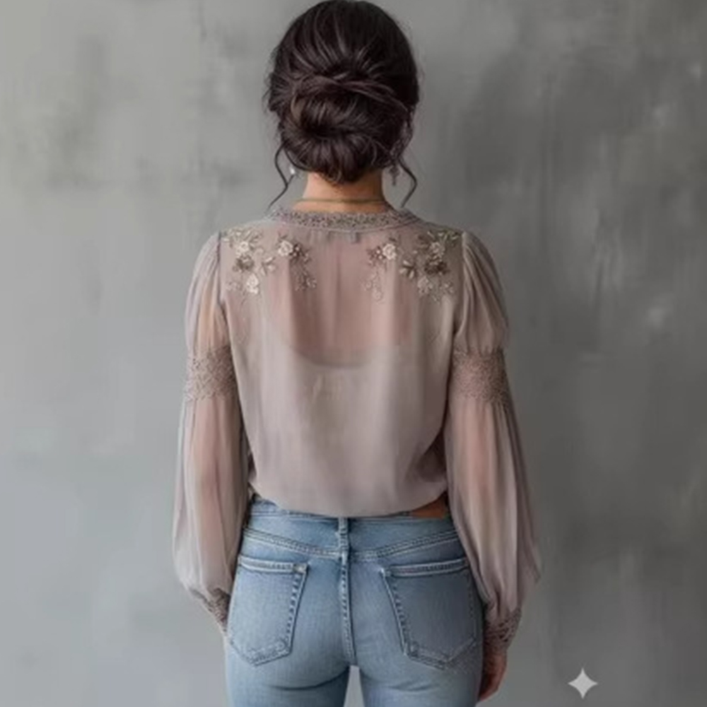 Chemisier Bohème Brodé Floral pour Femme, Col en V, Bordure en Dentelle, Mousseline Transparente, Manches Longues Bouffantes, Boutonné, Haut Décontracté