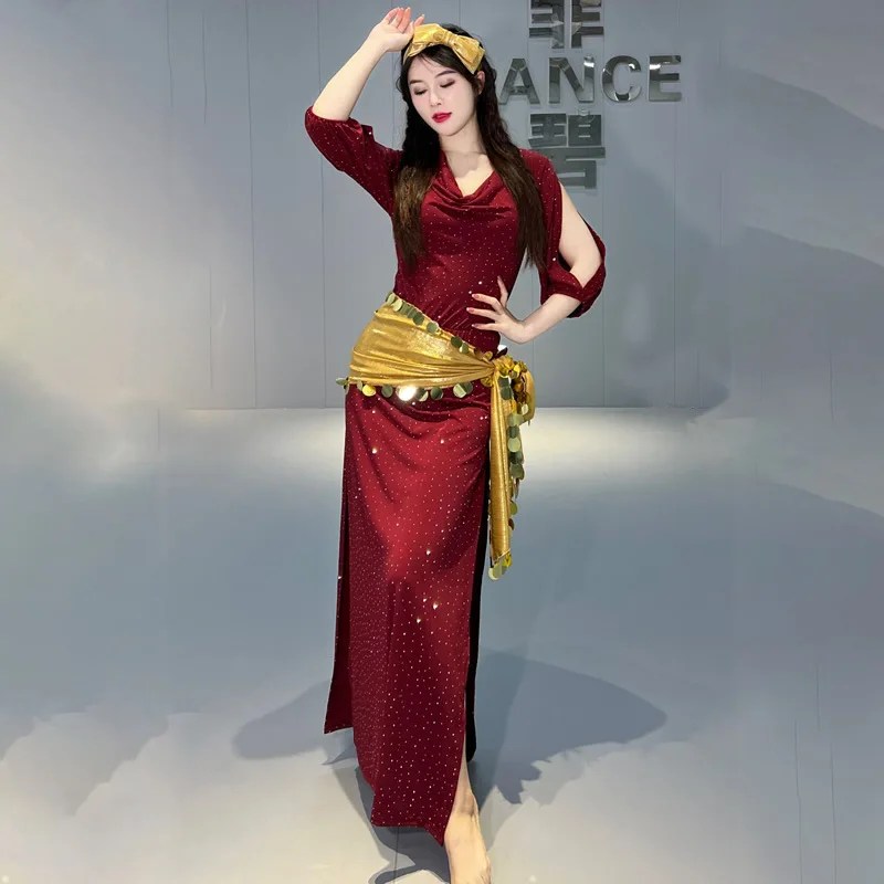 Shabbi Baladi Performance Robes pour femmes, ensemble de olympiques de danse du ventre, robe en coton à demi-manches, coiffure et ceinture, 3 pièces