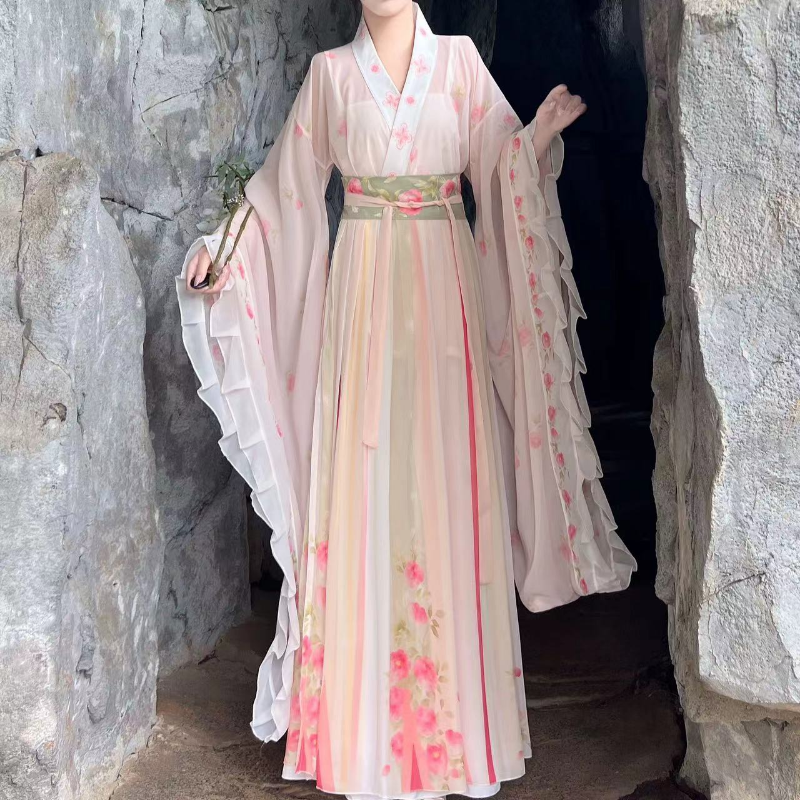Ensemble de robe Hanfu de la dynastie WeiJin de style chinois pour femmes, robe longue dégradée, imprimé floral élégant traditionnel, cosplay féminin imbibé