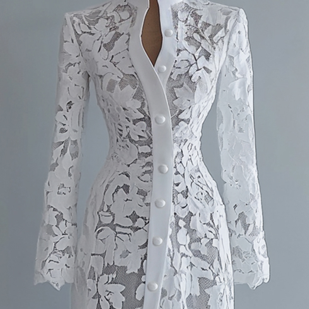 Robe en dentelle pour femme, col montant, simple boutonnage, manches longues, style manteau, longueur midi, transparente, élégante et raffinée, pour l'automne