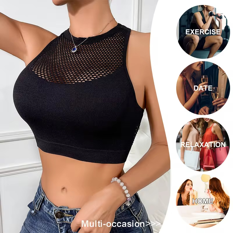 Haut court évidé en résille pour femmes, vêtements d'extérieur pour femmes, débardeurs décontractés confortables, émail chic, vêtements de sport pour femmes