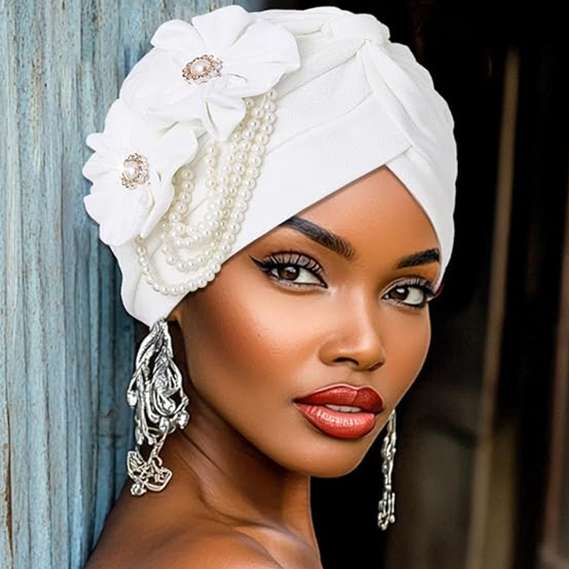Turban à Perles pour Femme, Design Floral, Bandeau, Écharpe de Sauna Musulmane, Bonnet, Perte de Cheveux