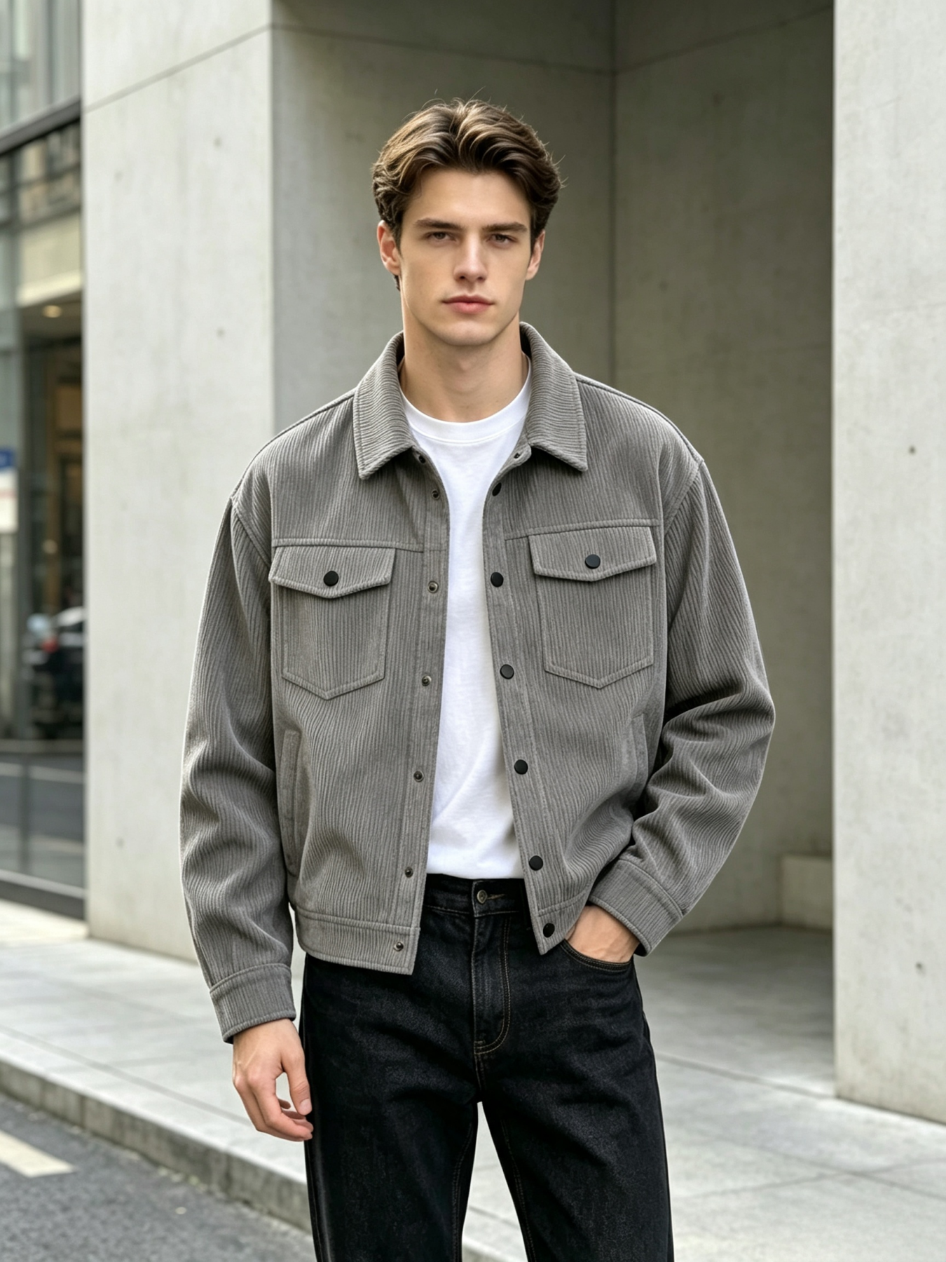 Veste en velours côtelé vintage pour homme, coupe décontractée, style camionneur, col rabattu, fermeture boutonnée, veste de travail avec poches sur la poitrine, printemps A