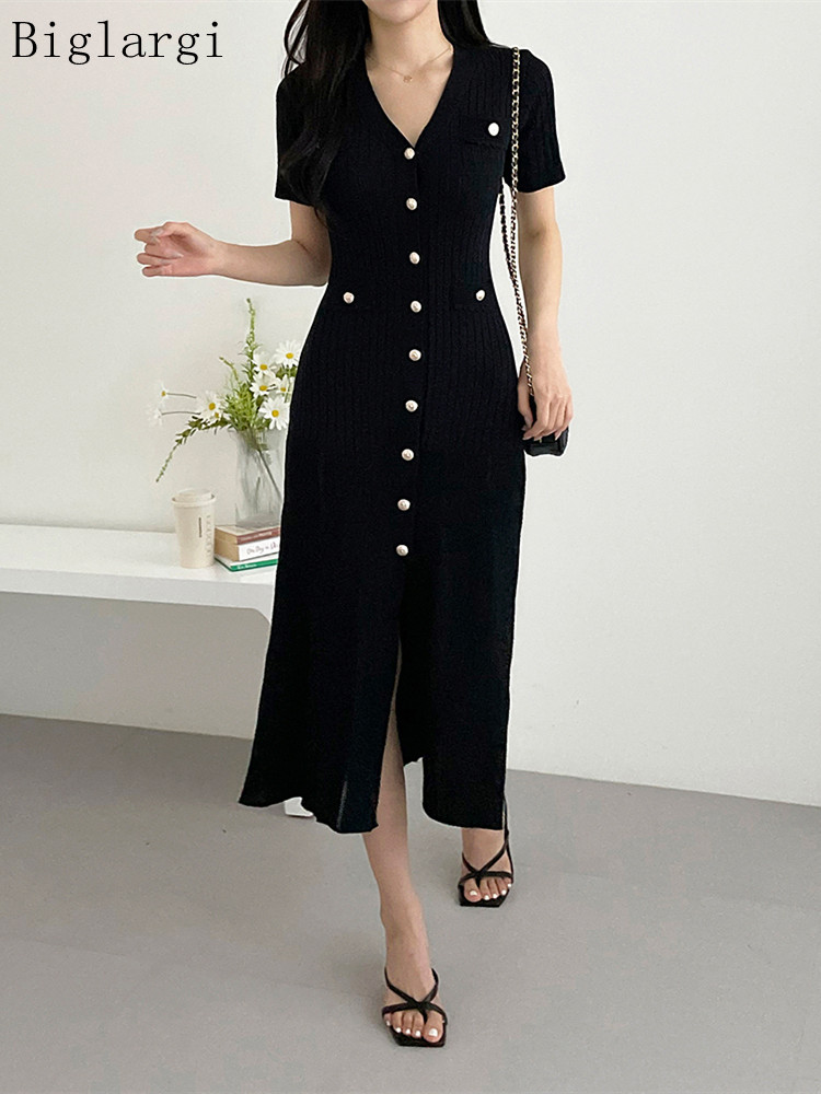 Robe mi-longue d'été pour femmes, tricotée, noire, moulante, Style coréen, à volants, élégante, mode décontractée, manches longues