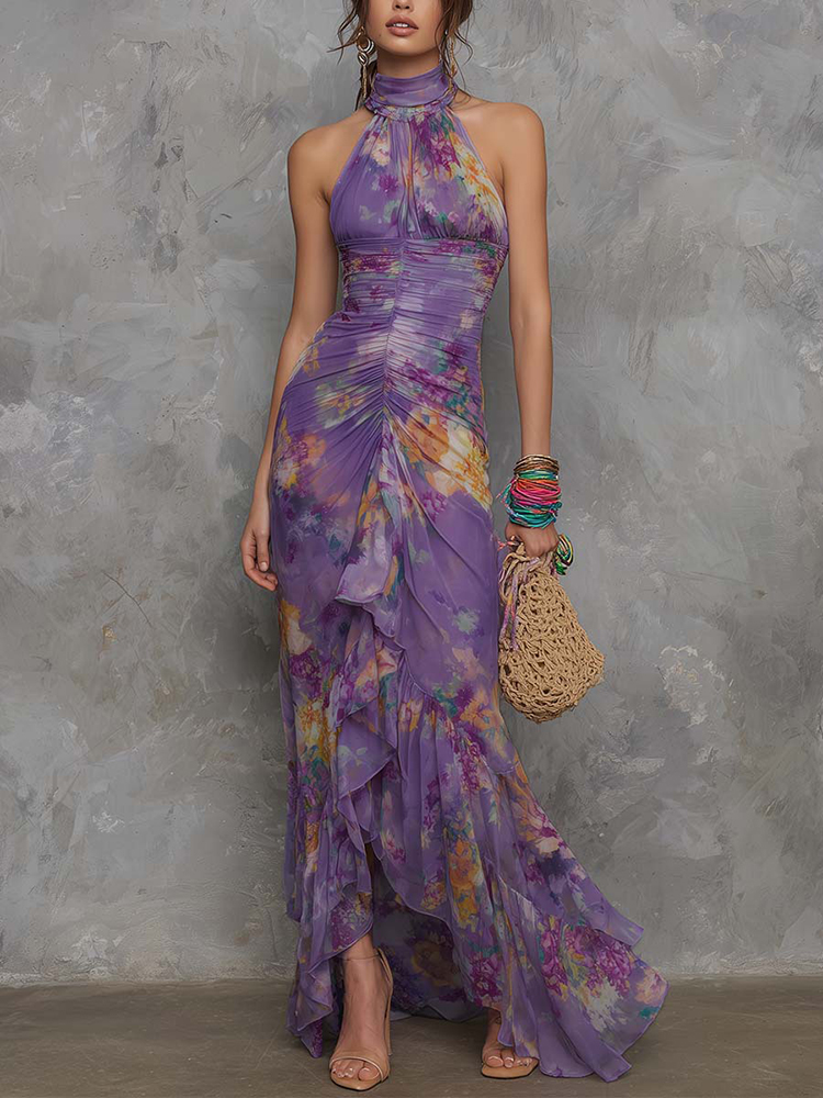 Robe longue maxi moulante à imprimé floral et volants pour femme, style licou, ajourée, sans manches, pour le printemps et l'été, idéale pour les soirées.