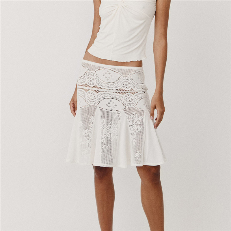 Jupe midi en dentelle crochet pour femme, taille basse, maille florale ajourée transparente, ourlet à volants, jupe au genou, style bohème, pour les vacances, jupe de plage
